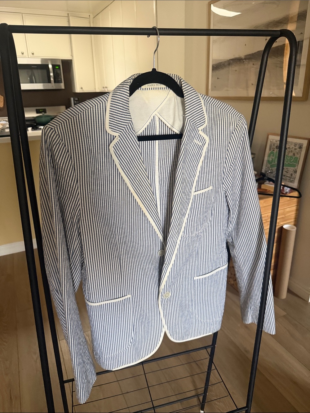Zara Man Blue White Striped Seersucker Piped Summer Blazer Jacket 44